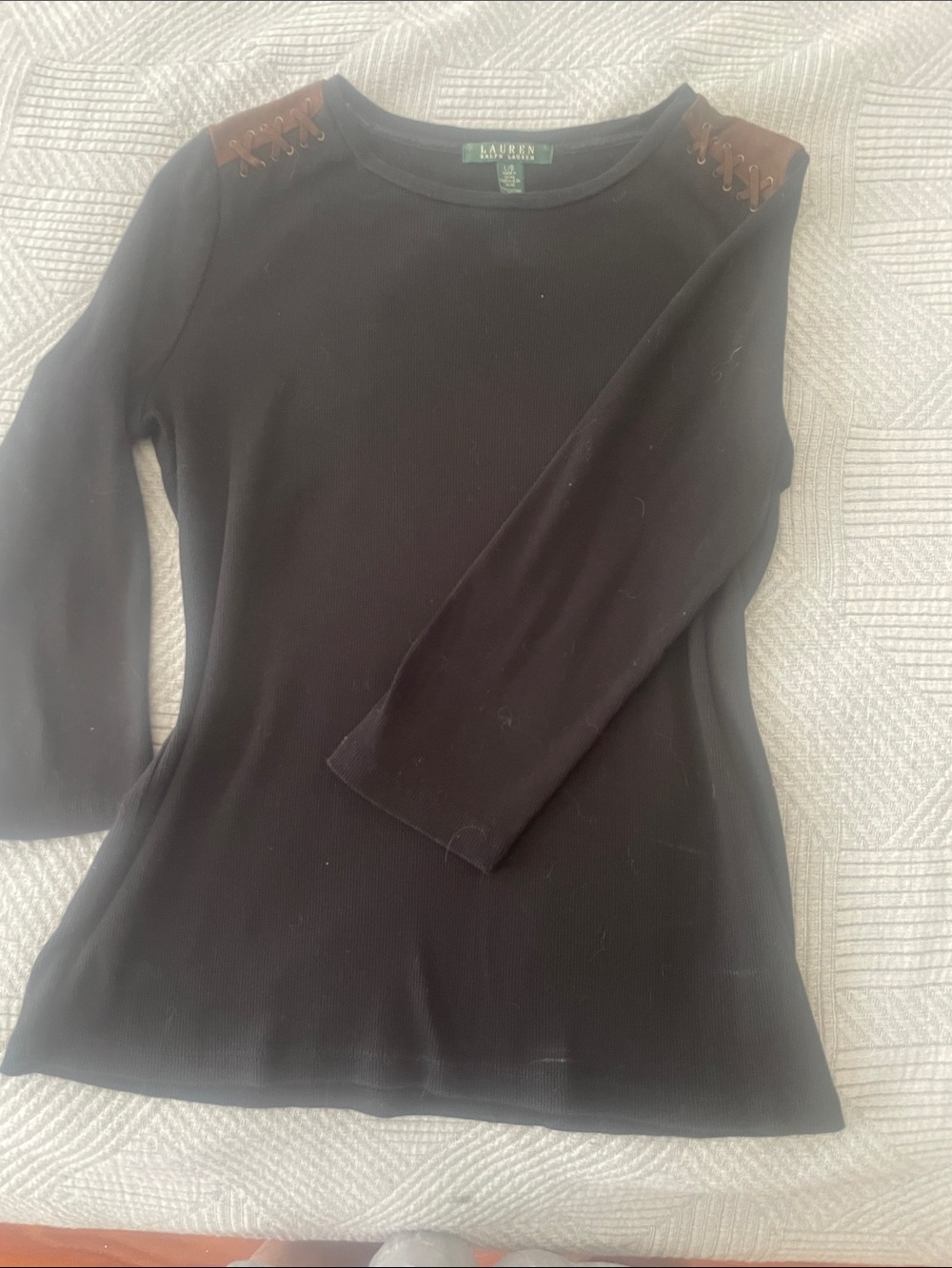 Lauren Ralph Lauren black 100% cotton ribbed top, 3/4 sleeves, round neck.